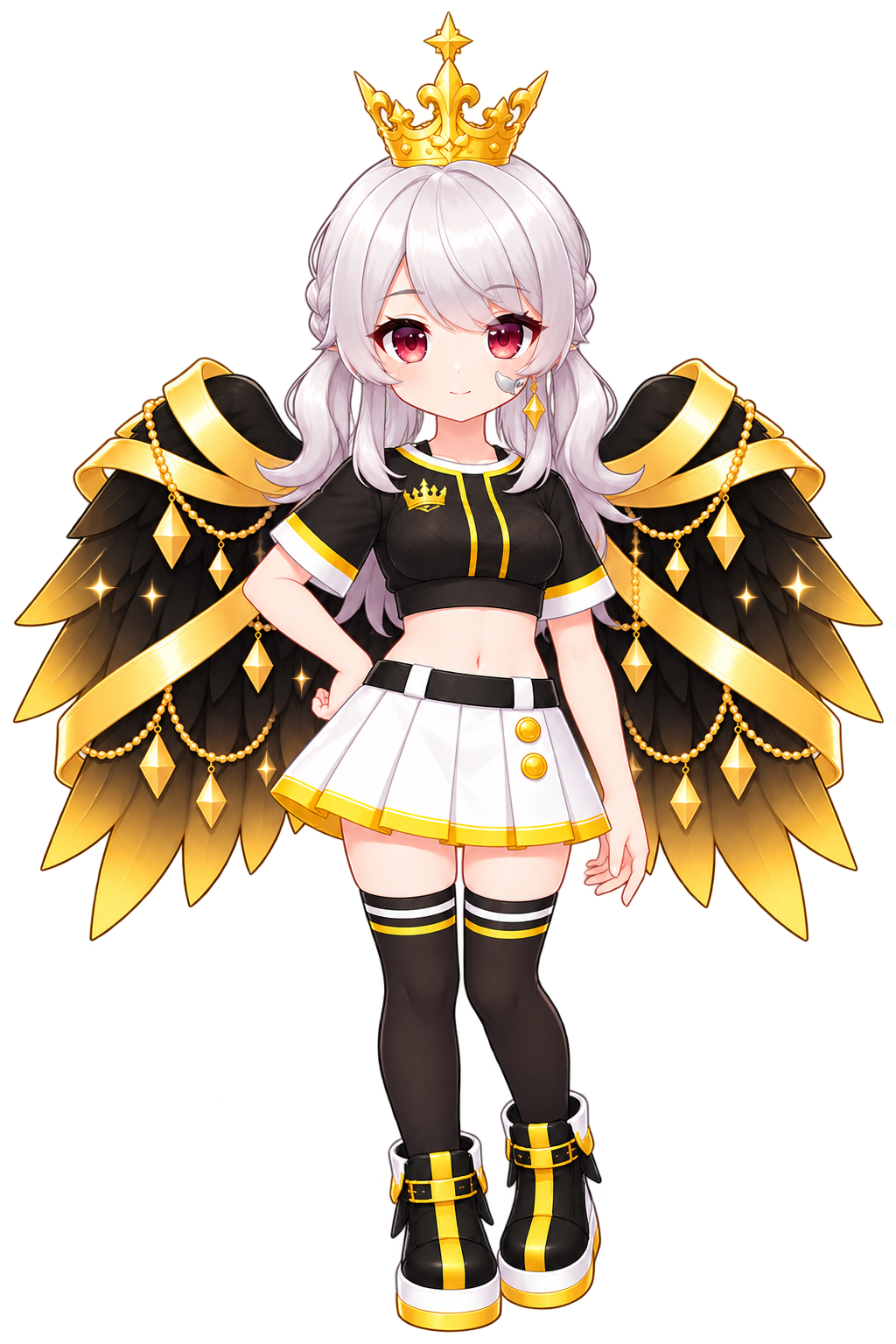 Arcadia: red eyes, silver side-braided hair, ornate gold crown, silver cheek accessory, short-sleeved black crop top, white skirt, striped black thigh-high stockings and black-gold boots, with gold-trimmed black feather wings.