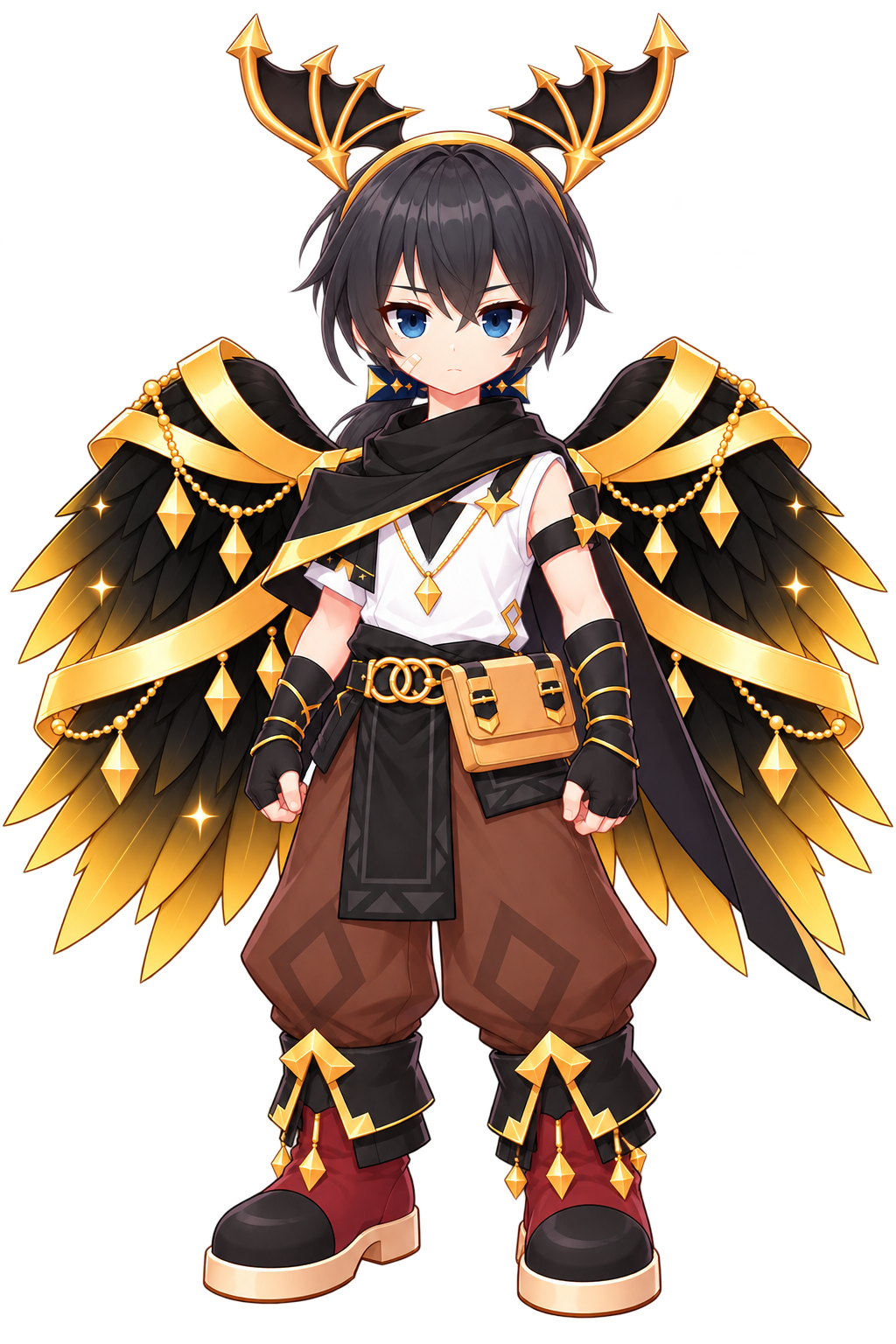 Z3RO: blue eyes, cheek bandage, black hair with a navy star ribbon, gold bat-wing headgear, white shirt, black scarf, brown trousers and burgundy boots, with gold-trimmed black feather wings.
