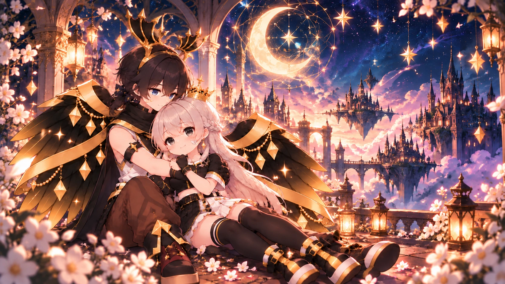 Z3RO gently embraces Arcadia beneath the moon, surrounded by black-and-gold wings and floating castles.